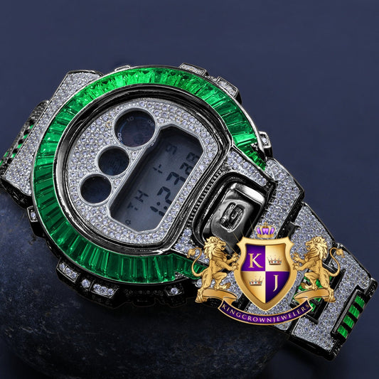 2 Tone Baguette Green Emerald Real Black Casio G Shock Authentic DW-6900 Mens Digital Custom Watch