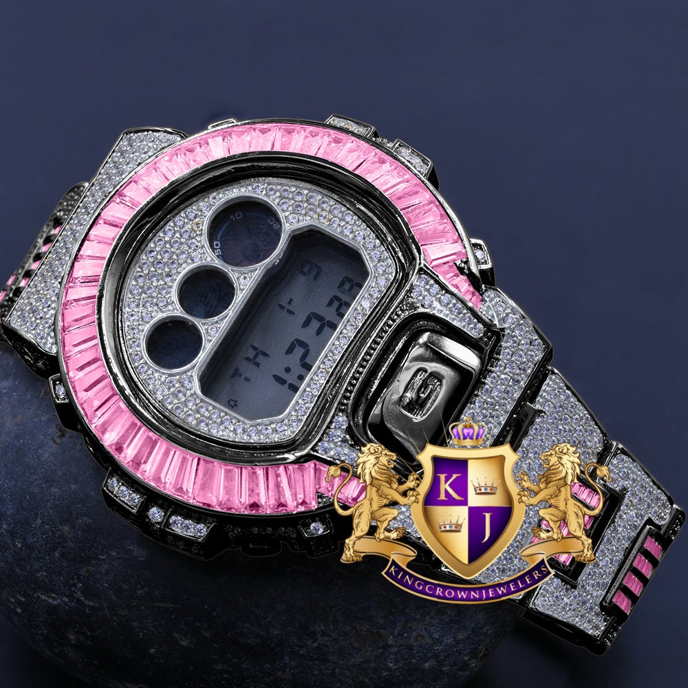 Baguette Light Baby Pink 2 Tone Black Gold Finish Casio G Shock Authentic DW-6900 Mens Digital Custom Watch