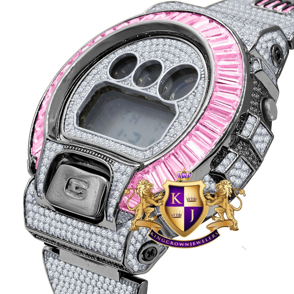 Baguette Light Baby Pink 2 Tone Black Gold Finish Casio G Shock Authentic DW-6900 Mens Digital Custom Watch