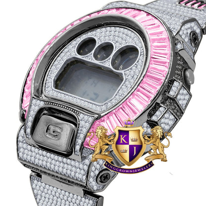 Baguette Light Baby Pink 2 Tone Black Gold Finish Casio G Shock Authentic DW-6900 Mens Digital Custom Watch