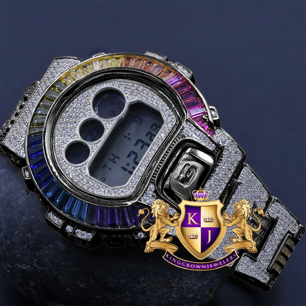 Mens Baguette Multi Rainbow Black Gold Casio G Shock Authentic DW-6900 Custom Digital  2 Tone Watch