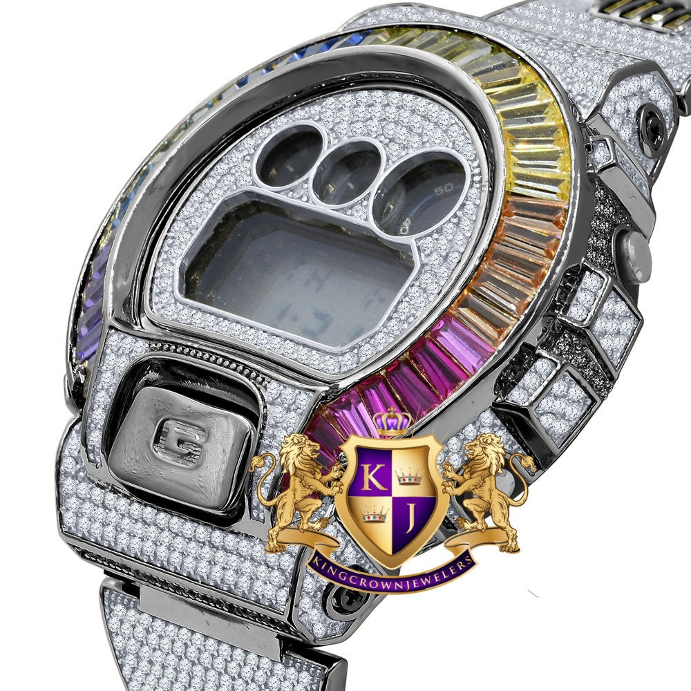 Mens Baguette Multi Rainbow Black Gold Casio G Shock Authentic DW-6900 Custom Digital  2 Tone Watch