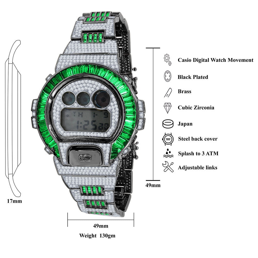 2 Tone Baguette Green Emerald Real Black Casio G Shock Authentic DW-6900 Mens Digital Custom Watch