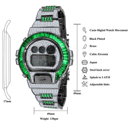 2 Tone Baguette Green Emerald Real Black Casio G Shock Authentic DW-6900 Mens Digital Custom Watch