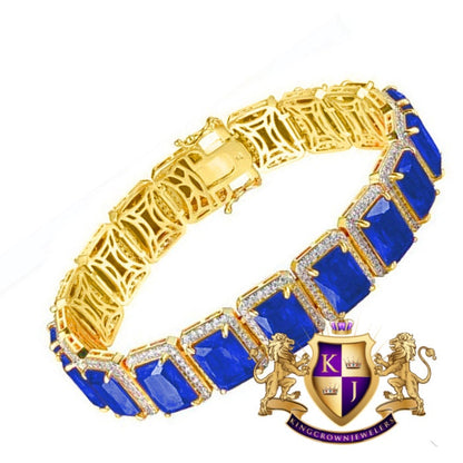 Real Yellow Gold Sterling Silver Blue Sapphire Solitaire Tennis Bracelet Unisex