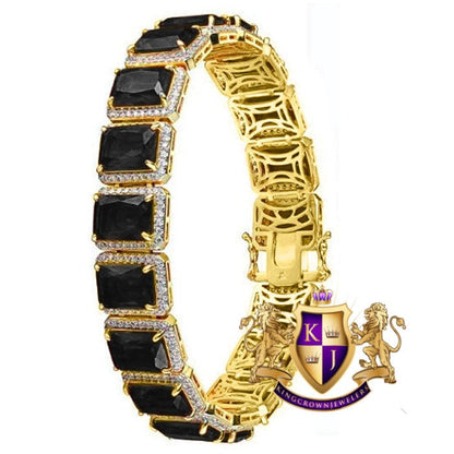 Onyx Black Solitaire 14K Yellow Gold On Real Genuine Sterling Silver Tennis Bracelet Unisex