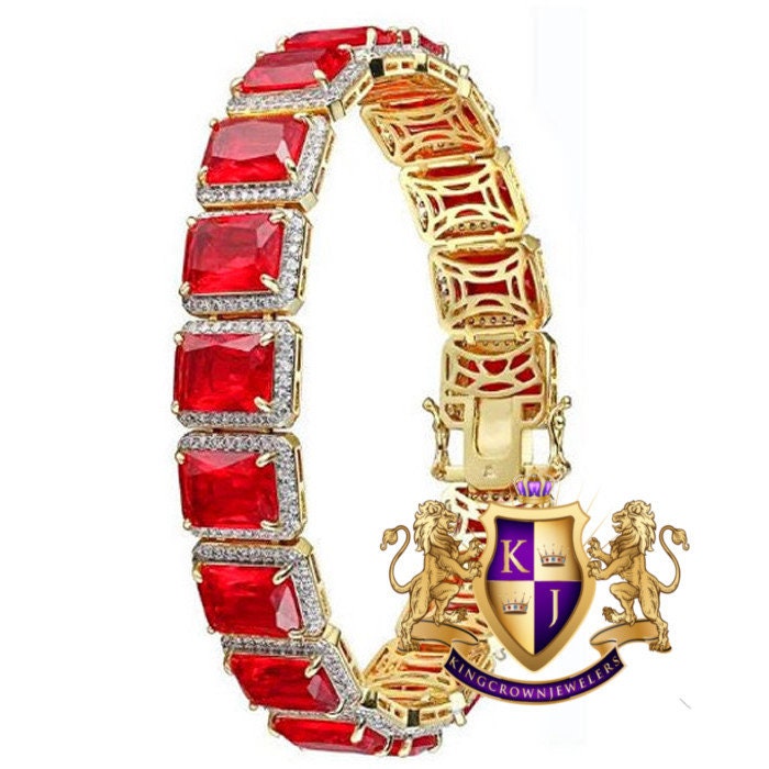 Ruby Red Solitaire Real Genuine Yellow Gold Sterling Silver Tennis Bracelet Unisex 7.5''