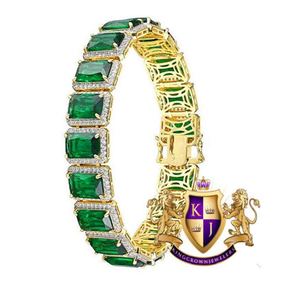 Solitaire 22+ Grams Real Genuine Sterling Silver 14K Gold On 6.00 Ct. Simulated Diamond Emerald Green Tennis Link Bracelet Unisex 7.5''/10mm