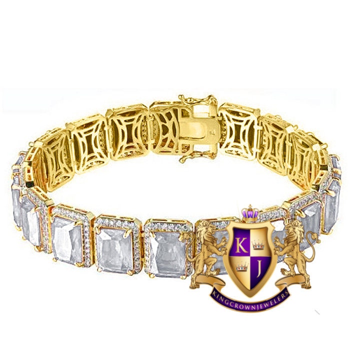 Unisex Crystal Clear Zirconia Solitaire Real Yellow Gold Sterling Silver Tennis Bracelet 7.5''
