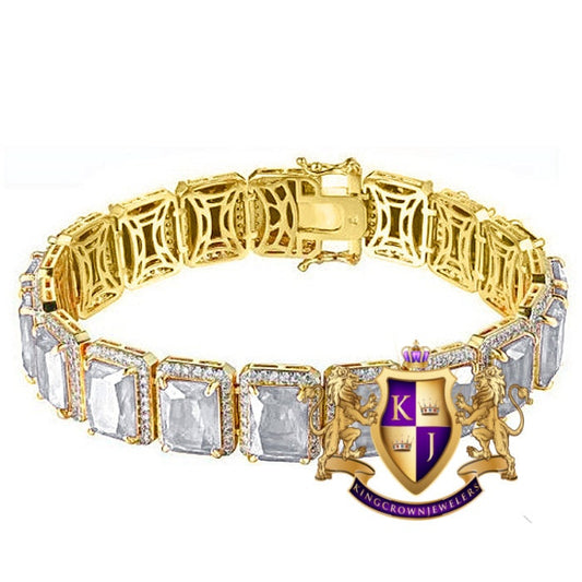 Unisex Crystal Clear Zirconia Solitaire Real Yellow Gold Sterling Silver Tennis Bracelet 7.5''