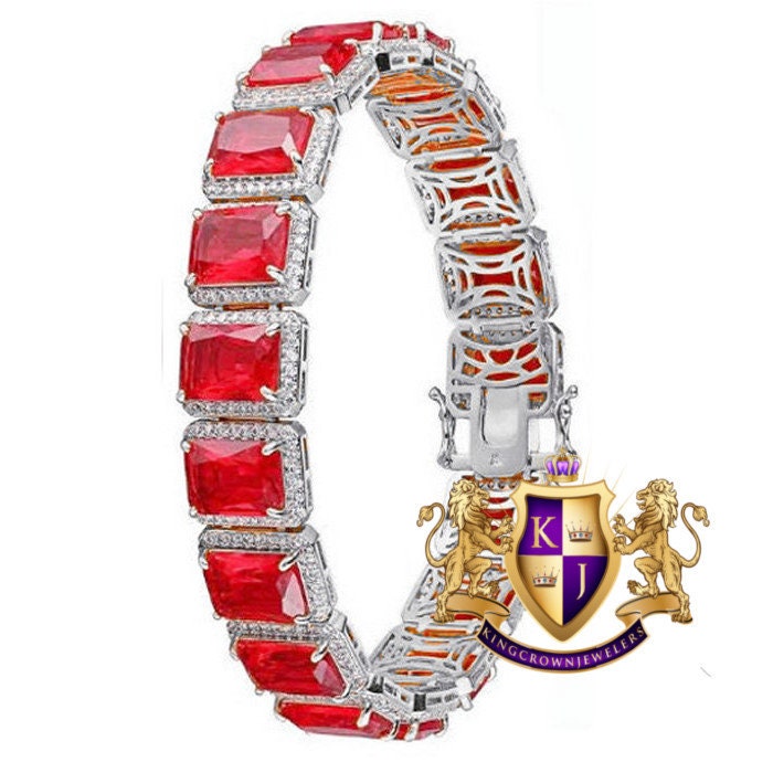 14K White Gold On Real Genuine Italian Sterling Silver Ruby Red Solitaire Bracelet Unisex