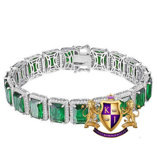 Real White Gold On Genuine Sterling Silver Green Emerald Solitaire Link Bracelet Unisex