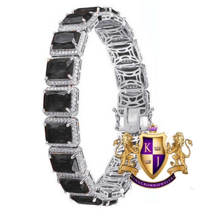 14K Real White Gold Over Genuine Italian Sterling Silver Black Onyx Solitaire Link Bracelet Unisex