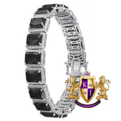 14K Real White Gold Over Genuine Italian Sterling Silver Black Onyx Solitaire Link Bracelet Unisex