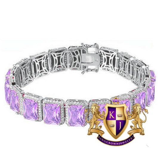 14K White Gold On Real Genuine Sterling Silver Purple Amethyst Solitaire Link Bracelet Unisex