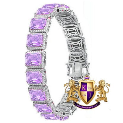 14K White Gold On Real Genuine Sterling Silver Purple Amethyst Solitaire Link Bracelet Unisex