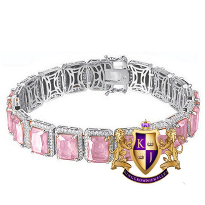 Pink Tourmaline Solitaire Real White Gold Over Genuine Sterling Silver Bracelet Unisex