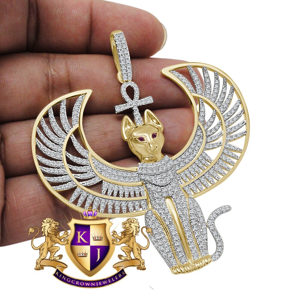 35 + Grams Big 3'' Genuine Sterling Silver Over 14K Gold Anubis Egyptian God Ankh Cross Pharaoh Custom Piece Charm Simulated Diamond Pendant