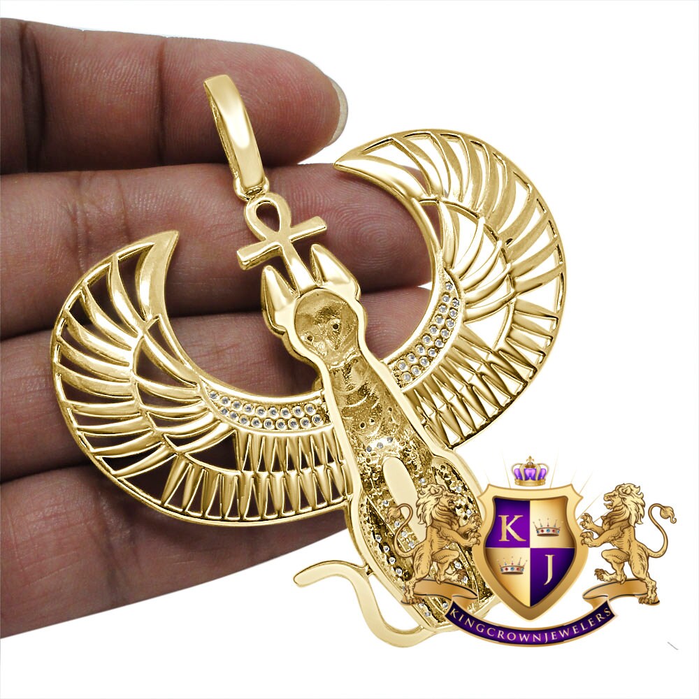 35 + Grams Big 3'' Genuine Sterling Silver Over 14K Gold Anubis Egyptian God Ankh Cross Pharaoh Custom Piece Charm Simulated Diamond Pendant