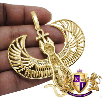 35 + Grams Big 3'' Genuine Sterling Silver Over 14K Gold Anubis Egyptian God Ankh Cross Pharaoh Custom Piece Charm Simulated Diamond Pendant