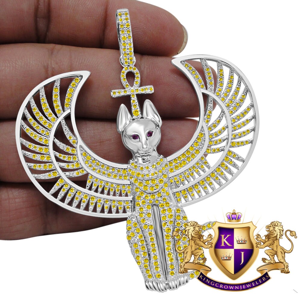 Real Genuine Sterling Silver 14K White Gold Finish Anubis Egyptian God Ankh Cross Pharaoh Custom Charm Pendent 35 + Grams Big 3''