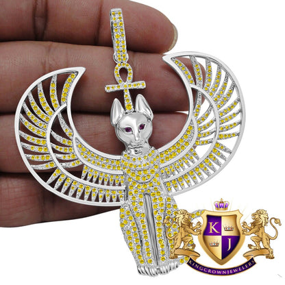 Real Genuine Sterling Silver 14K White Gold Finish Anubis Egyptian God Ankh Cross Pharaoh Custom Charm Pendent 35 + Grams Big 3''
