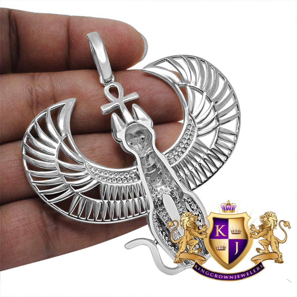 Real Genuine Sterling Silver 14K White Gold Finish Anubis Egyptian God Ankh Cross Pharaoh Custom Charm Pendent 35 + Grams Big 3''