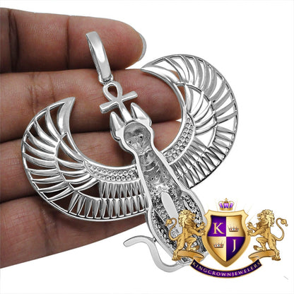 Real Genuine Sterling Silver 14K White Gold Finish Anubis Egyptian God Ankh Cross Pharaoh Custom Charm Pendent 35 + Grams Big 3''