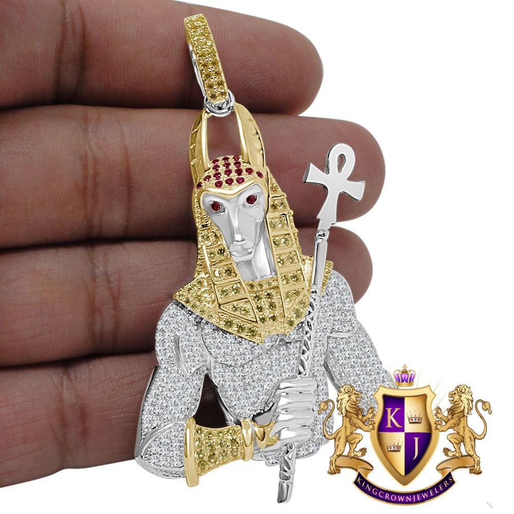 Real White Gold Sterling Silver Egyptian God Anubis Ankh Cross Custom Pendent Pharaoh Charm Big 3''