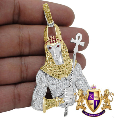 Real White Gold Sterling Silver Egyptian God Anubis Ankh Cross Custom Pendent Pharaoh Charm Big 3''