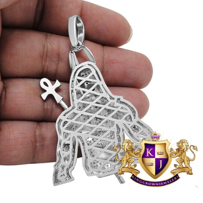 Real White Gold Sterling Silver Egyptian God Anubis Ankh Cross Custom Pendent Pharaoh Charm Big 3''