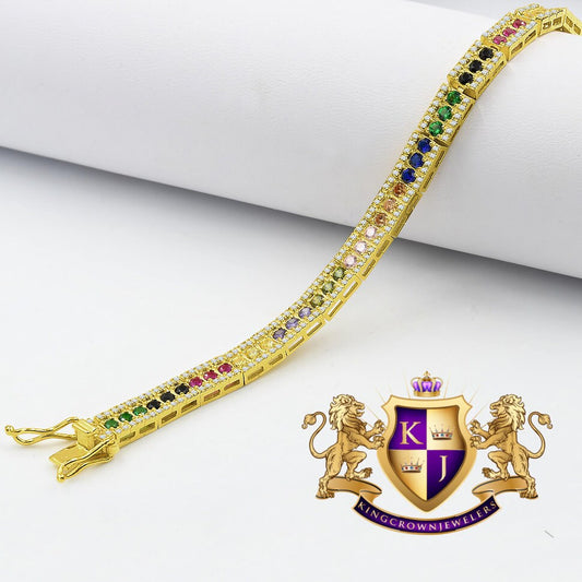 Real Genuine Yellow Gold Sterling Silver Rainbow Multi Tone Yellow Gold Finish Bracelet Unisex 7.5'