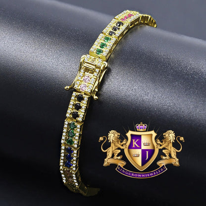 Real Genuine Yellow Gold Sterling Silver Rainbow Multi Tone Yellow Gold Finish Bracelet Unisex 7.5'