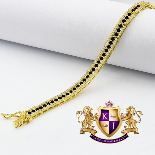 Real Genuine Yellow Gold Sterling Silver Simulated Diamond Onyx Black Tennis Bracelet Unisex 7.5'