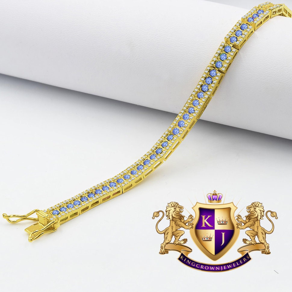 Real Genuine Yellow Gold Sterling Silver Simulated Diamond Blue Sapphire Link Bracelet Unisex 7.5'