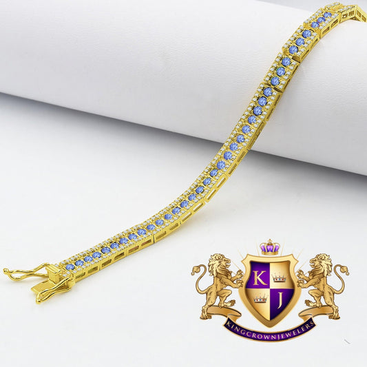 Real Genuine Yellow Gold Sterling Silver Simulated Diamond Blue Sapphire Link Bracelet Unisex 7.5'