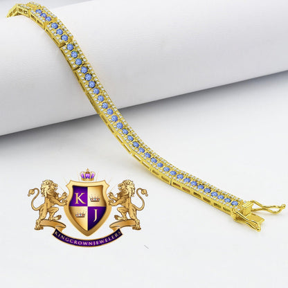 Real Genuine Yellow Gold Sterling Silver Simulated Diamond Blue Sapphire Link Bracelet Unisex 7.5'