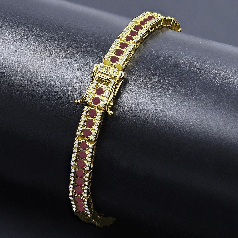 Real 14K Yellow Gold On Genuine Sterling Silver Ruby Red Tennis Link Bracelet Unisex