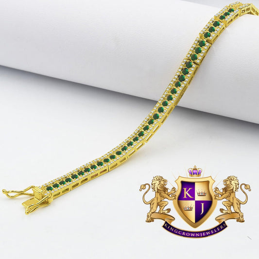 14K Yellow Gold Over Real Genuine Sterling Silver Emerald Green Tennis Bracelet Unisex