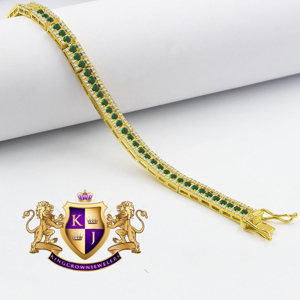 14K Yellow Gold Over Real Genuine Sterling Silver Emerald Green Tennis Bracelet Unisex
