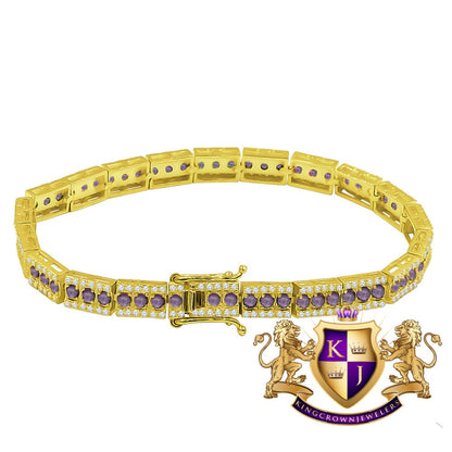Unisex Real Genuine Yellow Gold Sterling Silver Simulated Diamond Purple Amethyst Tennis Bracelet