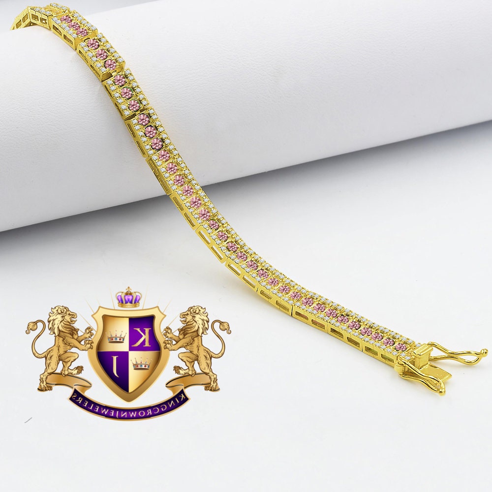 Real Genuine Yellow Gold Sterling Silver Pink Tourmaline Tennis Bracelet Unisex