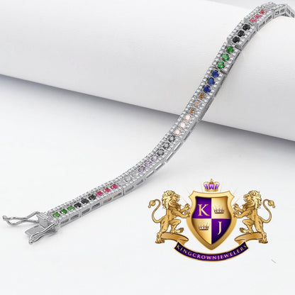 14K White  Gold Over Real Italian Sterling Silver Rainbow Multi Tone Yellow Gold Finish Bracelet Unisex 7.5'