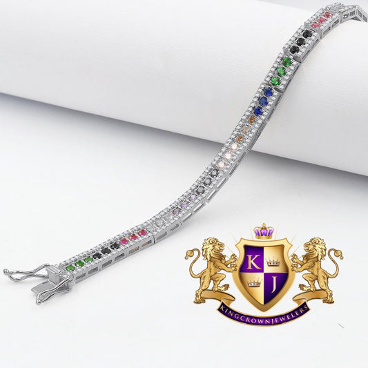 14K White  Gold Over Real Italian Sterling Silver Rainbow Multi Tone Yellow Gold Finish Bracelet Unisex 7.5'