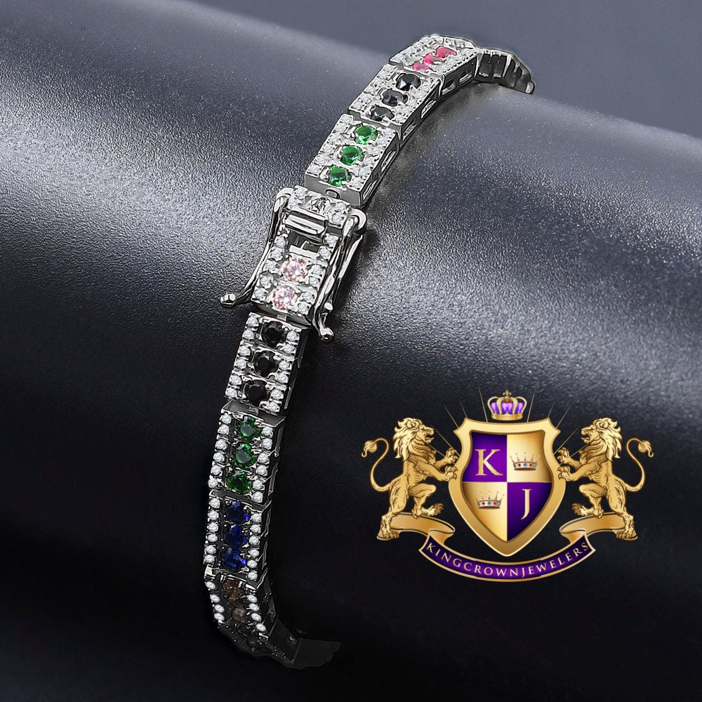 14K White  Gold Over Real Italian Sterling Silver Rainbow Multi Tone Yellow Gold Finish Bracelet Unisex 7.5'