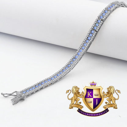14K White Gold Over Real Italian Sterling Silver Blue Sapphire Tennis Link Bracelet Unisex 7.5''