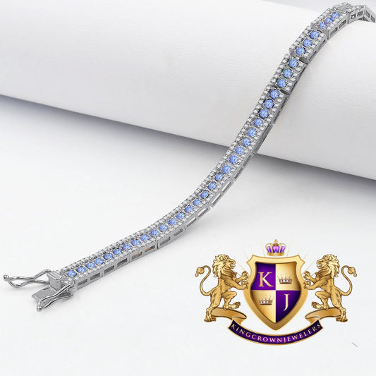 14K White Gold Over Real Italian Sterling Silver Blue Sapphire Tennis Link Bracelet Unisex 7.5''