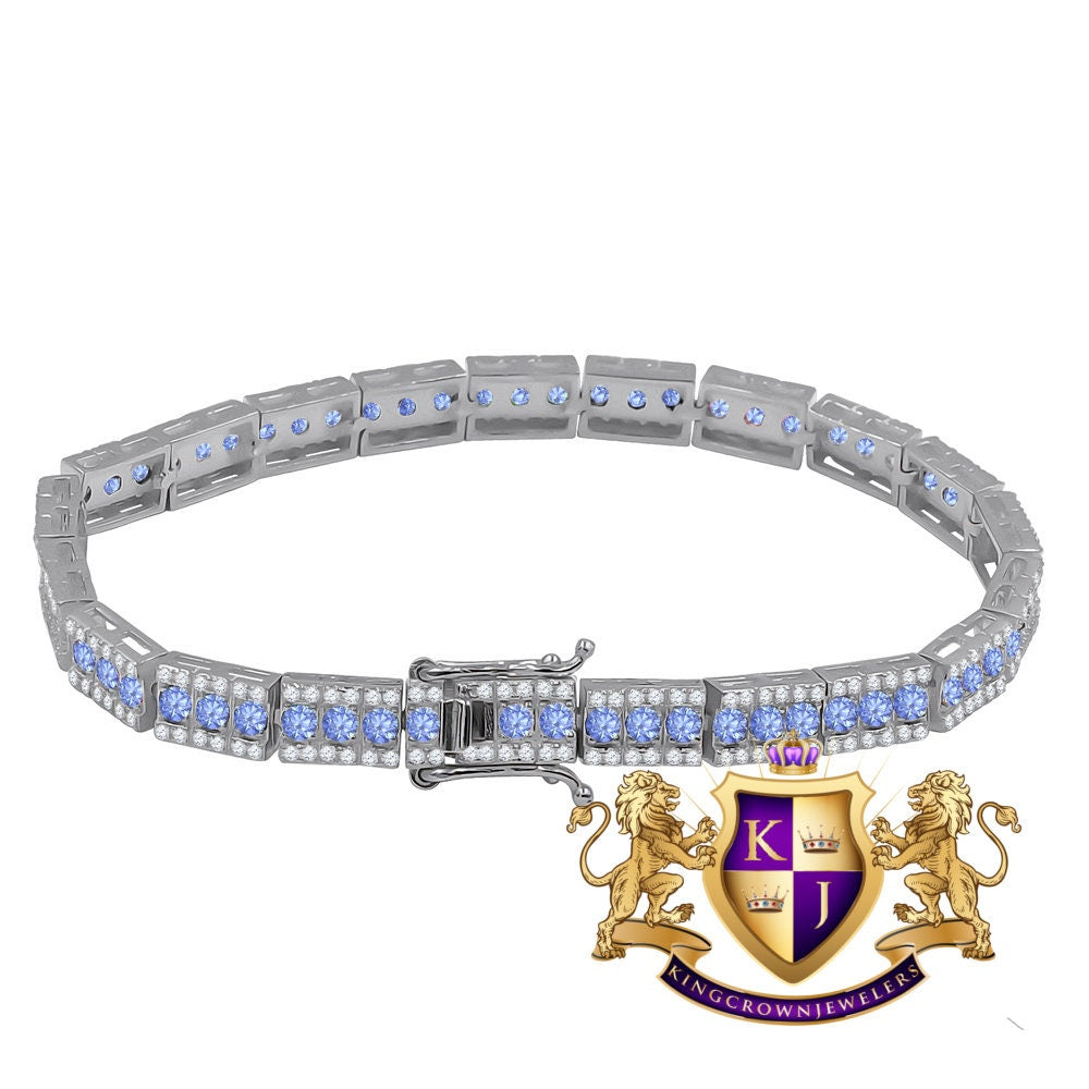 14K White Gold Over Real Italian Sterling Silver Blue Sapphire Tennis Link Bracelet Unisex 7.5''