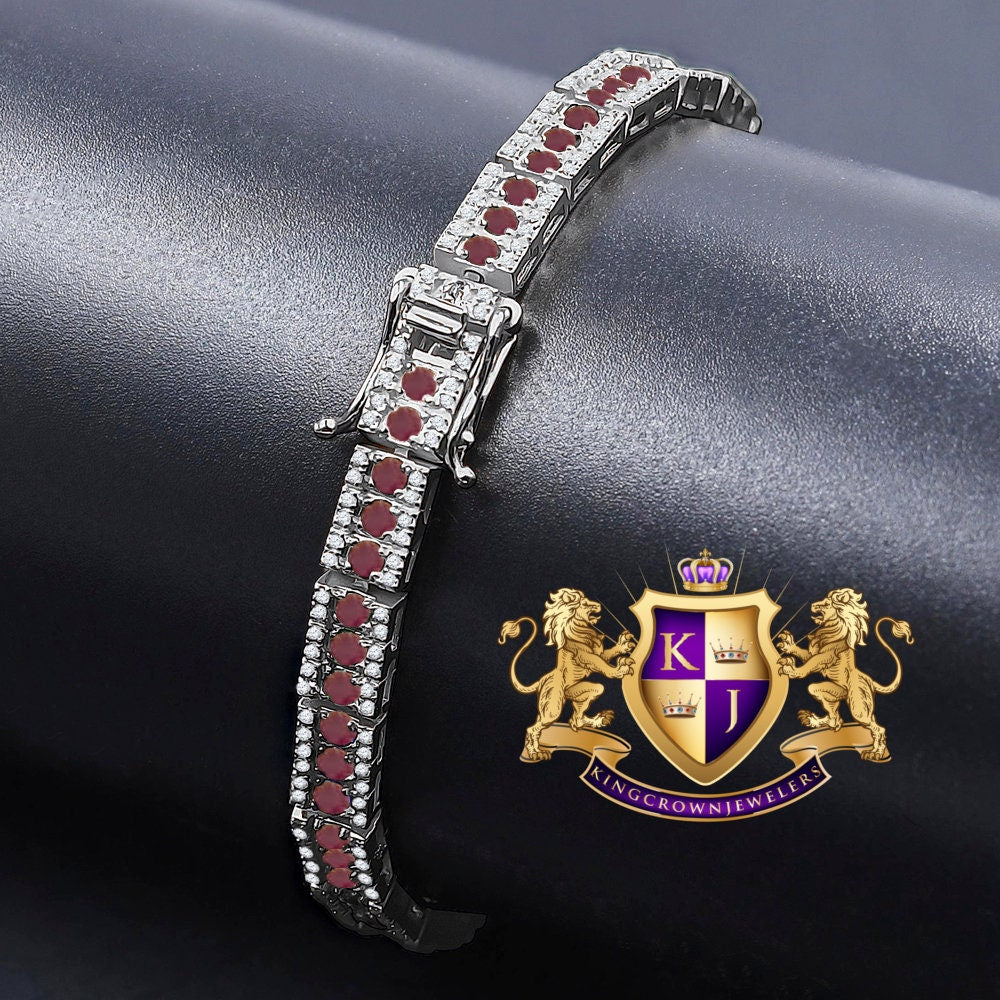 Real White Gold On Genuine Sterling Silver Ruby Red Tennis Link Bracelet Unisex