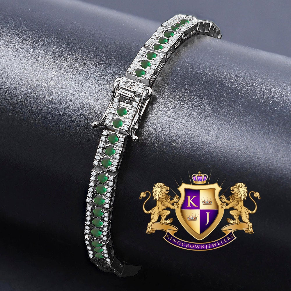 Real Genuine White Gold On Sterling Silver Emerald Green Tennis Bracelet Unisex